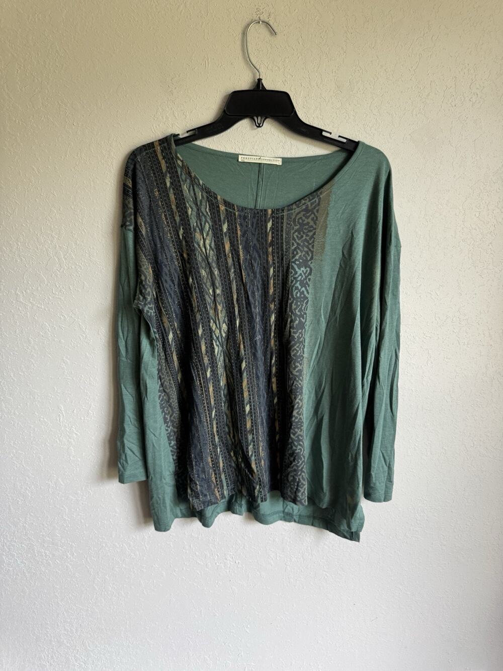 Peruvian Connection Green Pima Cotton Print Long Sleeve Round Neck Tee Womens M